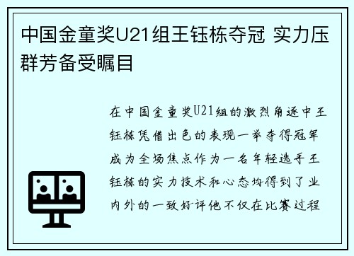 中国金童奖U21组王钰栋夺冠 实力压群芳备受瞩目