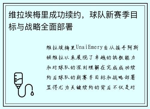 维拉埃梅里成功续约,球队新赛季目标与战略全面部署 维拉埃梅里成功续约,球队新赛季目标与战略全面部署